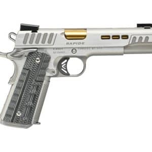 Silver semi-automatic pistol with a textured grip and gold accents, isolated on a white background.