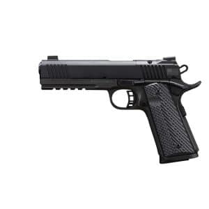 Black semi-automatic pistol shown in right-side profile with textured grip and accessory rail