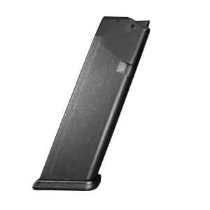 Detachable metal firearm magazine angled with a base plate on a white background