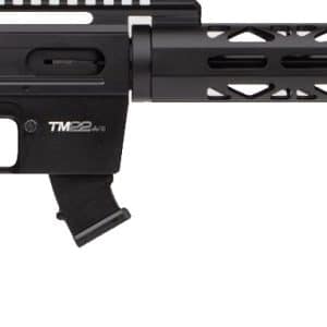 Black semi-automatic rifle with a long barrel, adjustable stock, and ventilated handguard (tactical sporting rifle)