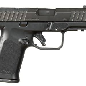 Left-side profile of a black semi-automatic pistol with a textured grip and accessory rail on a white background.