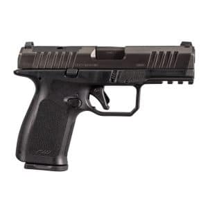 Side view of a black semi-automatic pistol with textured grip and rail under the barrel