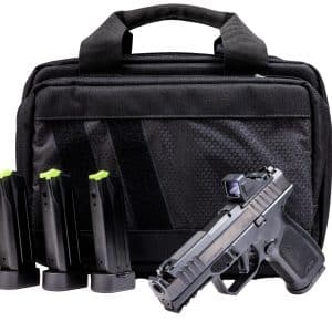 Black tactical backpack with attached magazine pouches and a handgun visible in front, illustrating loadout gear