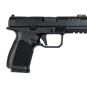 Black semi-automatic pistol shown in profile with a textured grip and rail on the frame