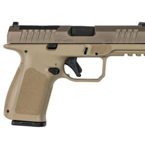 Side view of a tan semi-automatic pistol with a black trigger and textured grip in profile.