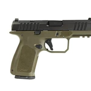 Olive green, semi-automatic pistol with a black slide and textured grip shown in profile on a white background.