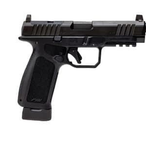 Side view of a black semi-automatic pistol with a textured grip and accessory rail on the frame