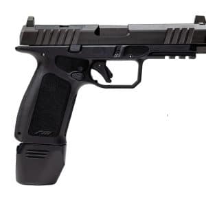 Side view of a black semi-automatic handgun with a textured grip and accessory rail.
