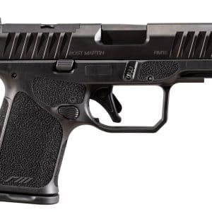 Side view of a black semi-automatic pistol with a textured grip and accessory rail along the frame's underside.