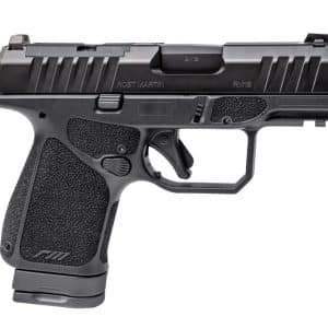 Side-view of a black semi-automatic handgun with textured grip and serrated slide, shown against a white background.