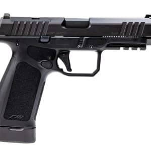 Side view of a black semi-automatic pistol with a textured grip and trigger guard, shown from the left.