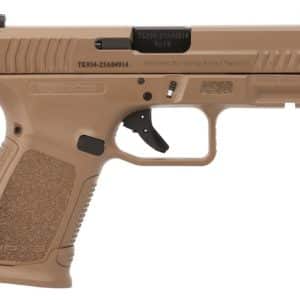 Tan semi-automatic handgun shown in profile with textured grip and slide markings by the ejection port (left side).