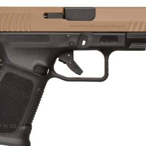 Tan and black semi-automatic pistol shown in side view with textured grip and trigger safety embedded in the trigger guard