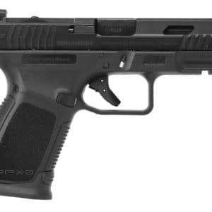 Side view of a black semi-automatic pistol with a textured grip on a white background