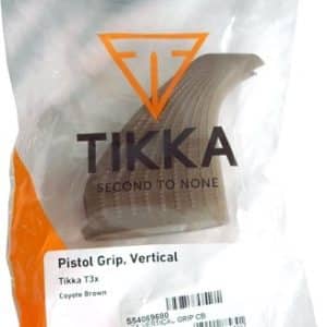 Plastic bag labeled ACCESSORY containing a brown TIKKA pistol grip vertical, with a barcode and product label visible inside.