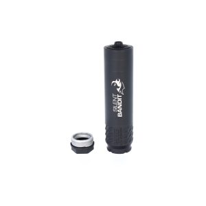 Tall black cylindrical device with its twist-off cap removed and a silver threaded ring beside it, logo reads 'SILENT BANDIT'