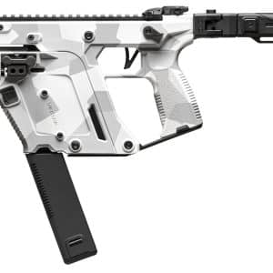 Futuristic assault rifle with white geometric camouflage, folding stock, top rail, and detachable magazine.