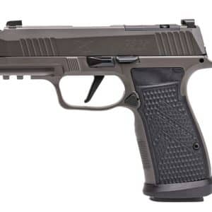 Semi-automatic pistol with textured grip and accessory rail, shown in profilely (side view).