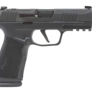 Semi-automatic pistol shown in profile with a textured grip and rail on the frame side.