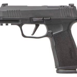 Side view of a black semi-automatic pistol with textured grip, trigger guard, and accessory rail under the barrel.