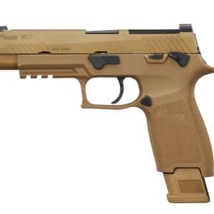 Desert-tan Sig Sauer M17 pistol, right-side profile showing textured grip and sights