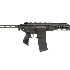 Black tactical rifle shown in side profile with an adjustable stock, long upper rail, and detachable magazine on a white background