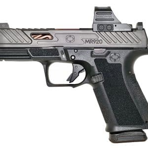 Side view of a semi-automatic pistol with a mounted red-dot sight, metallic slide, and textured grip