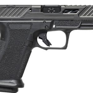 Side view of a black semi-automatic pistol with a textured grip and diagonal slide serrations