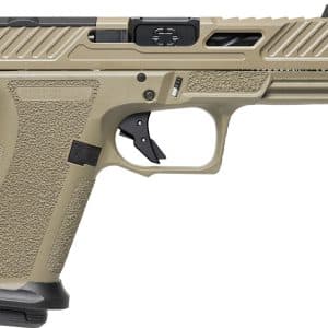 Side view of a tan semi-automatic handgun with a textured grip and accessory features beneath the slide.