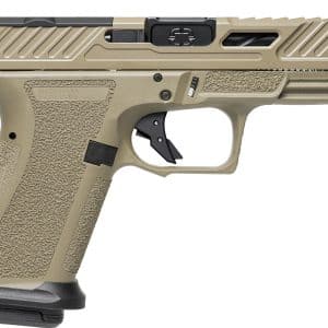Close-up of a tan semi-automatic pistol shown from the left, with a textured grip and black trigger and controls.