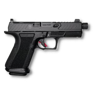 Close-up of a black semi-automatic pistol viewed from the left, slide marked 'WAR POET' with textured grip and visible trigger.