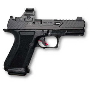 Close-up of a semi-automatic pistol with a mounted optic, slide markings reading 'WAR POET', and a textured grip.