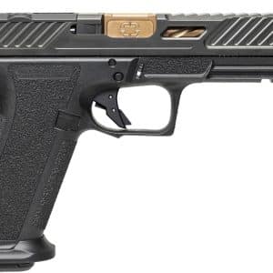 Side view of a black semi-automatic pistol with a textured grip and copper-colored barrel tip visible at the front