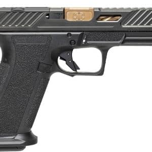 Side view of a black semi-automatic pistol with a textured grip and a two-tone slide featuring gold accents, on a white background