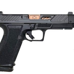 Side view of a black semi-automatic pistol with a copper-colored accent on the slide and textured grip