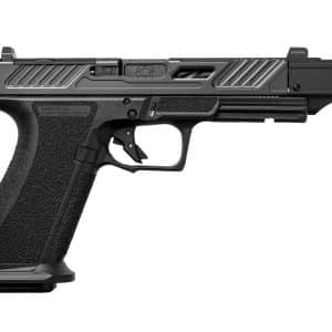 Side view of a black semi-automatic pistol with textured grip and silver-toned slide on a white background.