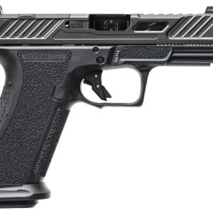 Side view of a semi-automatic pistol with a textured grip and accessory rail under the barrel