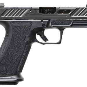 Close-up of a black semi-automatic pistol's left side, showing the textured grip and serrated slide.