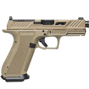 Tan semi-automatic pistol shown in left-side profile with textured grip and tactical slide.