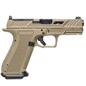 Side view of a tan semi-automatic pistol with textured grip and serrated slide, left profile visible