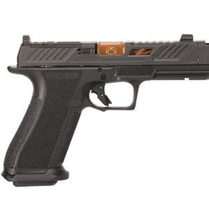 Side view of a semi-automatic pistol with a black textured grip and gray slide, featuring a copper-colored reinforcement bar.