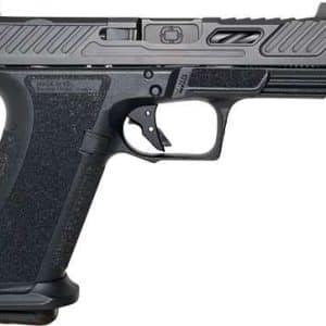 Semi-automatic pistol with a black textured grip and top slide, shown from the side.