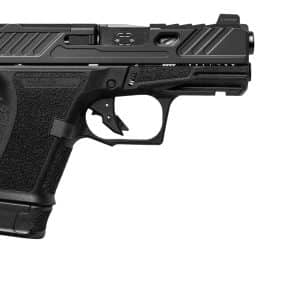 Side view of a black semi-automatic pistol with a textured grip and accessory rail under the barrel