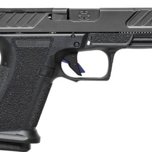 Side view of a black semi-automatic pistol with a textured grip and ergonomic trigger guard.