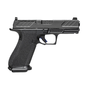 Left-side view of a black semi-automatic pistol with a textured grip and serrated slide.