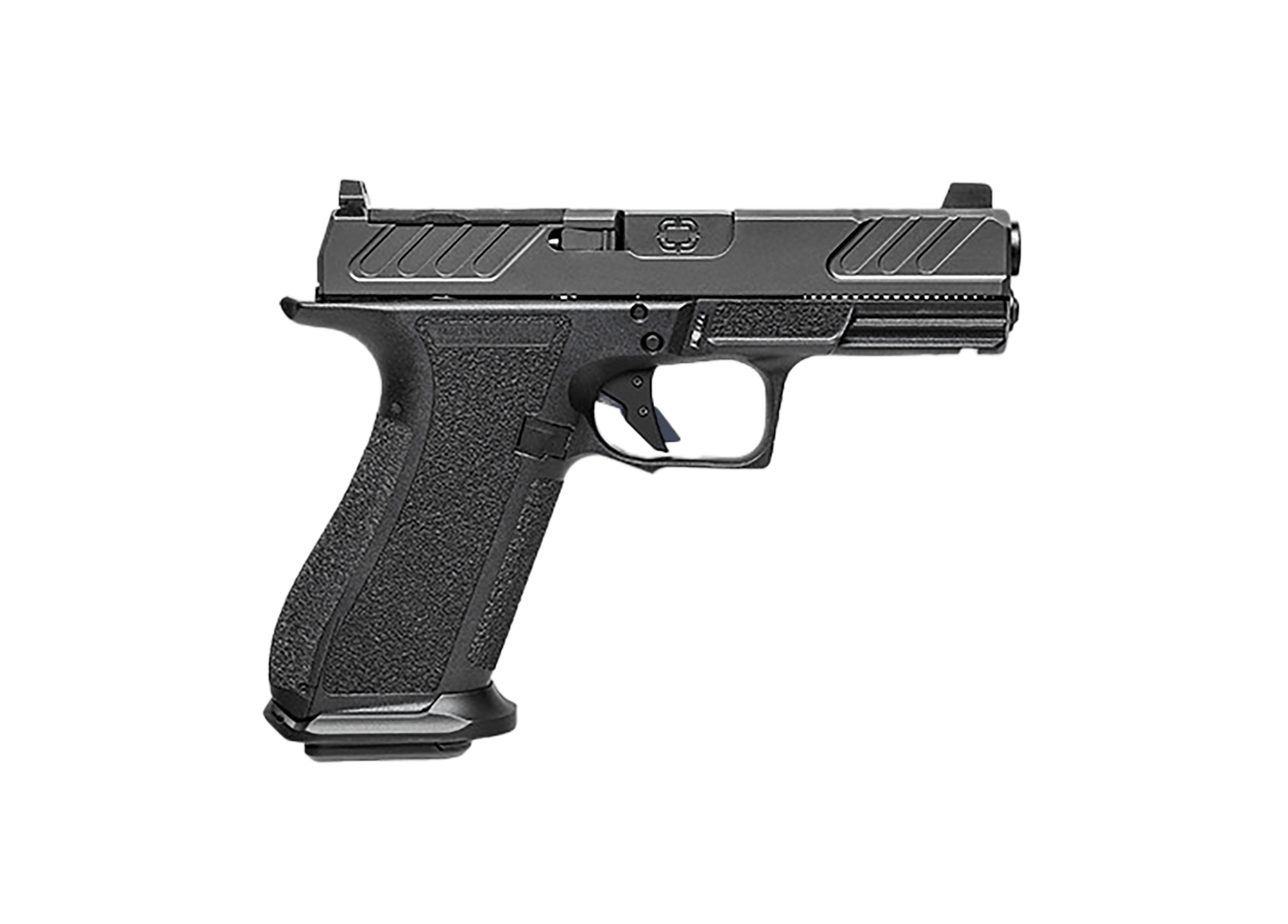 Left-side view of a black semi-automatic pistol with a textured grip and serrated slide.