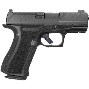 Side view of a black semi-automatic pistol showing the slide and grip.