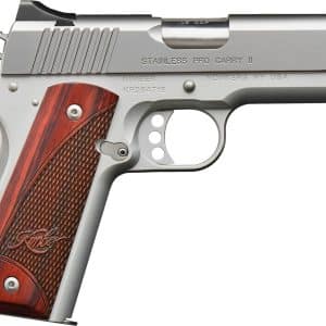 Side profile of a Kimber Stainless Pro Carry II semi-automatic pistol with a woodgrain grip and visible controls