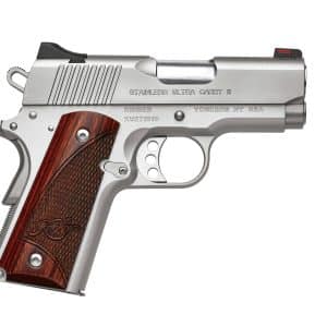 Side view of a stainless Kimber Ultra Carry II semi-automatic pistol with wooden grip panels.