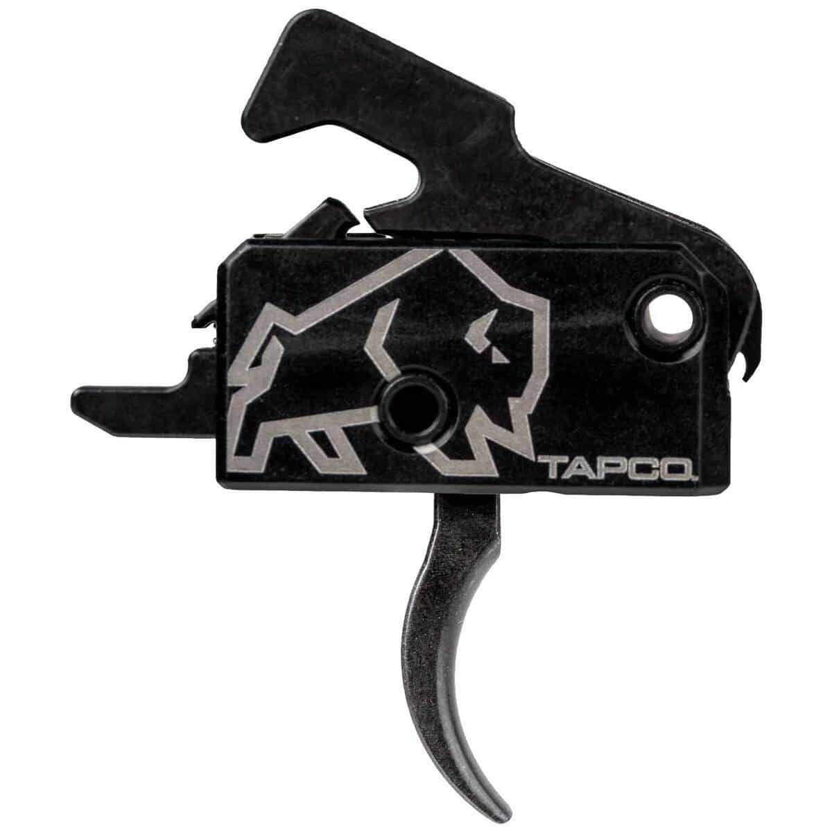 Black Tapco trigger lever with a silver wolf graphic on a black housing.